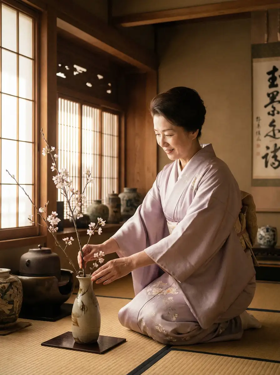一位优雅的 九一视频-高清视频|视频资源 在和室中插花